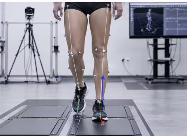 Clinician reviewing 3D movement data during a biomechanics assessment